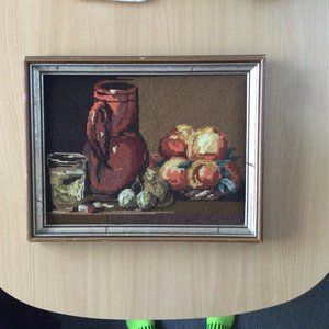 Beautiful handmade needlework yarn art wall hanging framed still life fruits mug